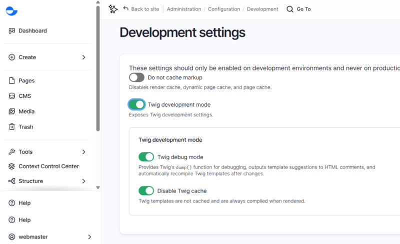 Development settings page in Varbase on Drupal 11, with Twig development mode enabled and Twig debug mode and disable Twig cache toggled on