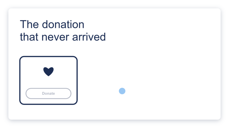 A donation card with a heart icon and a greyed-out inactive Donate button, and a single faint dot drifting away, illustrating a supporter whose gift failed to go through on an unsupported nonprofit website.
