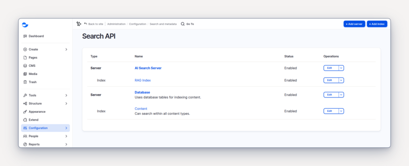 Drupal Search API admin page on Varbase 11 showing the AI Search Server with a Milvus backend and an attached RAG Index, listed beside the standard database server and Content index.