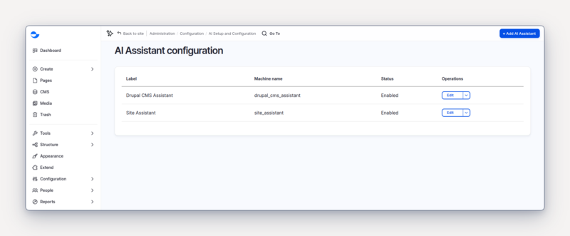 Drupal AI Assistant configuration page listing the Site Assistant alongside the Drupal CMS Assistant installed by the Varbase AI Base recipe, both enabled.