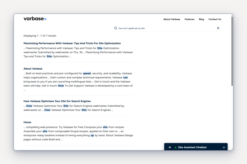 Varbase search results for the query "how can I speed up my site", where a site performance optimization article ranks first despite sharing no keywords with the query.