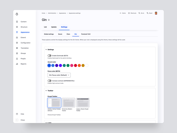 Gin theme Admin Tool Bar screenshot 