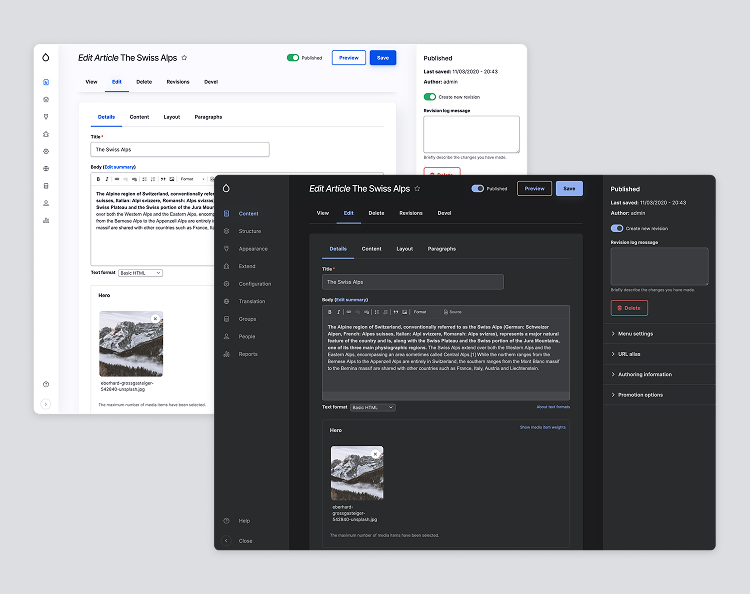 Gin theme Admin Interface in dark and light mode 