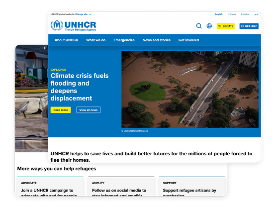 UNHCR website homepage showing a headline on climate crisis, flooding, and displacement with an aerial image of a flooded community. Navigation menu includes About UNHCR, What we do, Emergencies, News and stories, and Get involved. Below, sections highlight ways to help refugees through advocacy, social media, and supporting artisans.