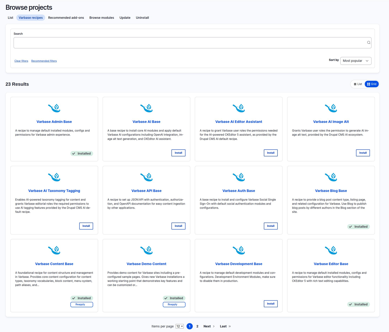 The Varbase recipes tab in the Drupal admin, showing a grid of 23 enterprise recipes including Varbase Admin Base, Varbase AI Base, Varbase Blog Base, and Varbase Content Base.