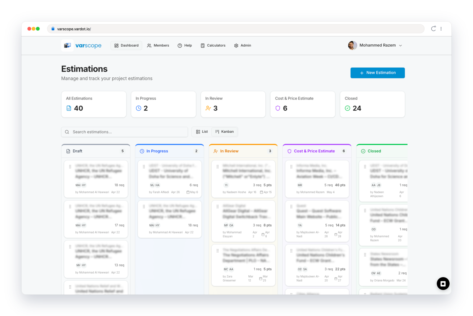 A screenshot of Varscope, a Vardot-built internal application for tracking project estimations on a kanban board across statuses from Draft to Closed.