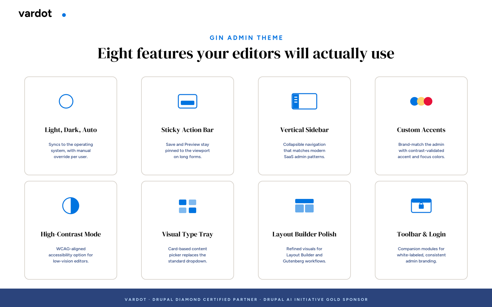 Eight standout features of the Gin Admin Theme for Drupal: light and dark modes, sticky action bar, vertical sidebar, custom accents, high-contrast mode, visual type tray, layout builder polish, and toolbar branding.
