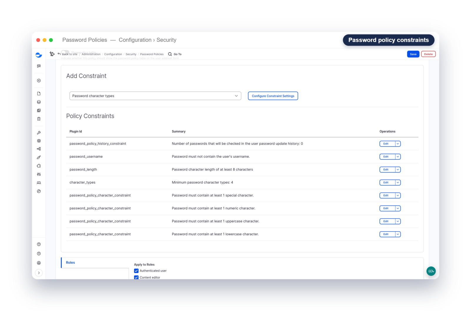Varbase Password Policy admin screen listing enforced constraints: minimum 8-character length, four required character types, no username in password, and password history, applied to the Authenticated user and Content editor roles.