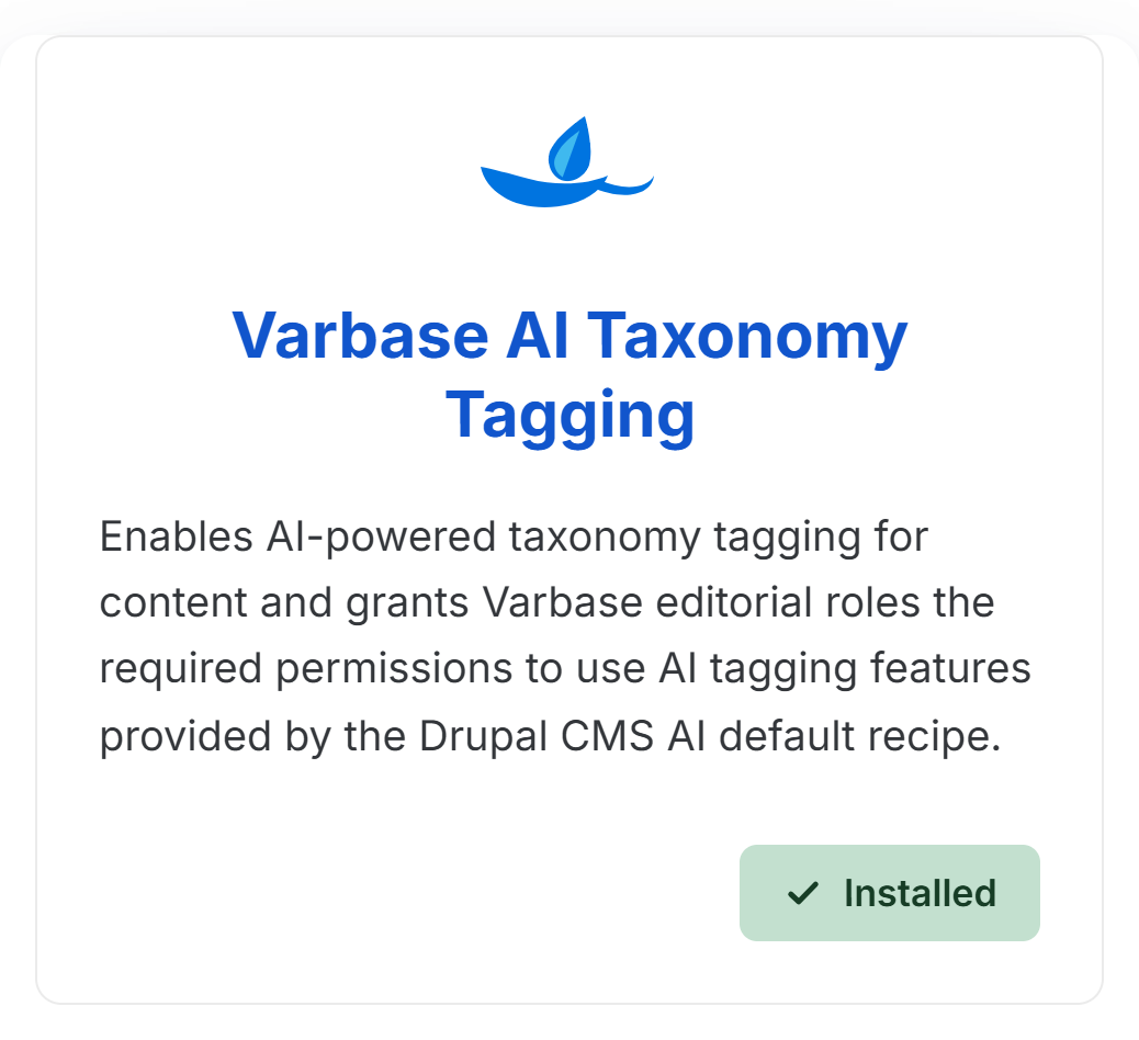 Screenshot of the Varbase AI Taxonomy Tagging recipe