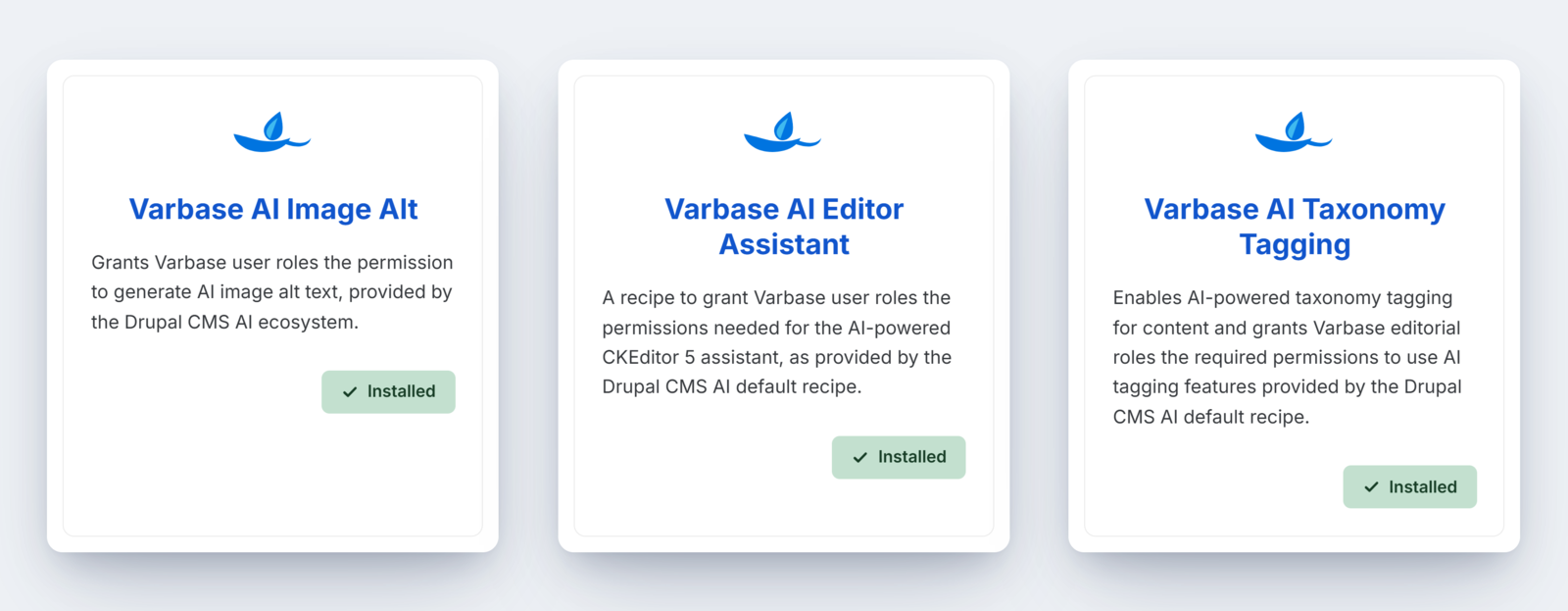 a screen shot of three varbase recipe  AI Editor Assistant + AI Image Alt + AI Taxonomy Tagging