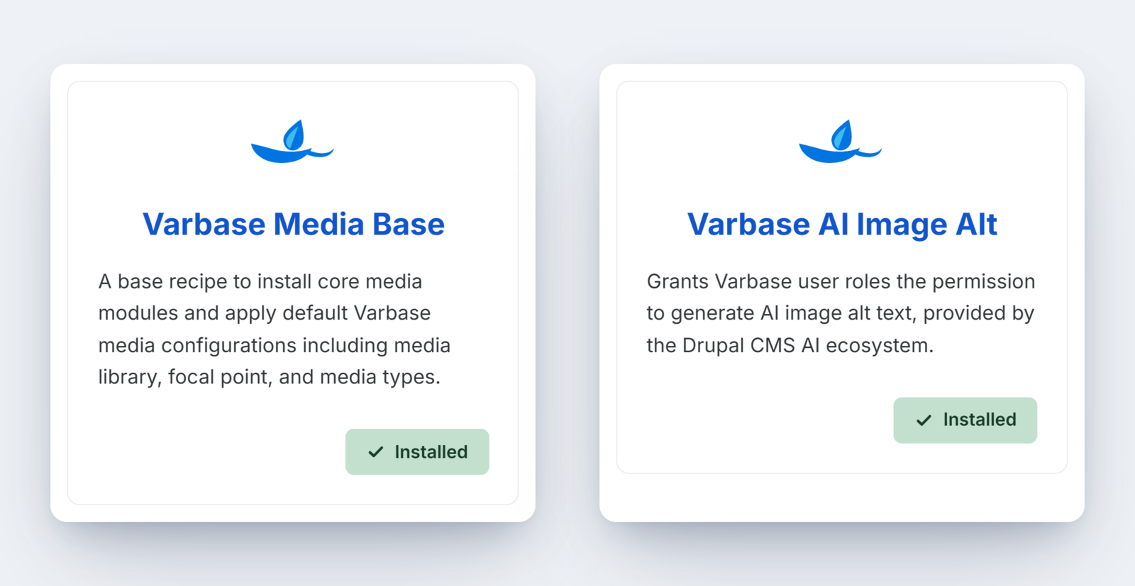 a screenshot of both varbase media base recipe and varbase image alt text recipe 