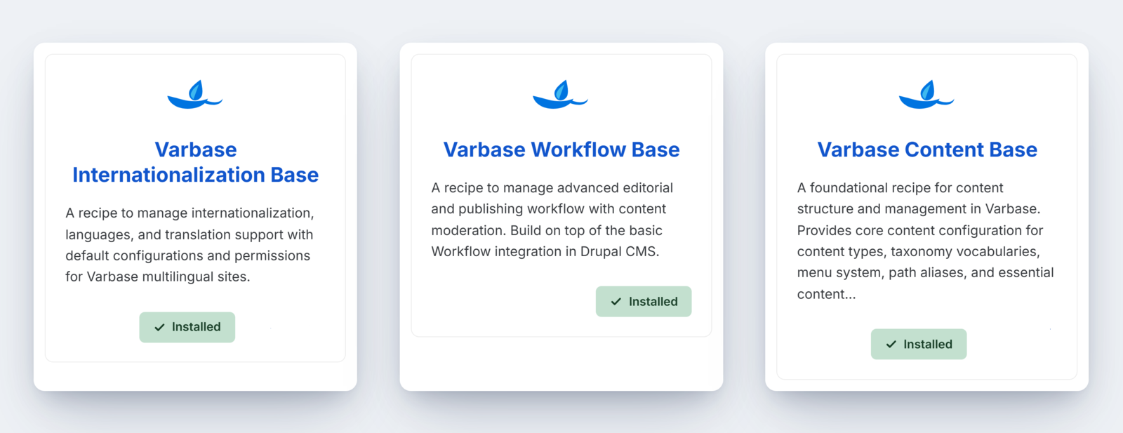 a screenshot of Varbase internationalization recipe, Varbase workflow base, and Varbase content base